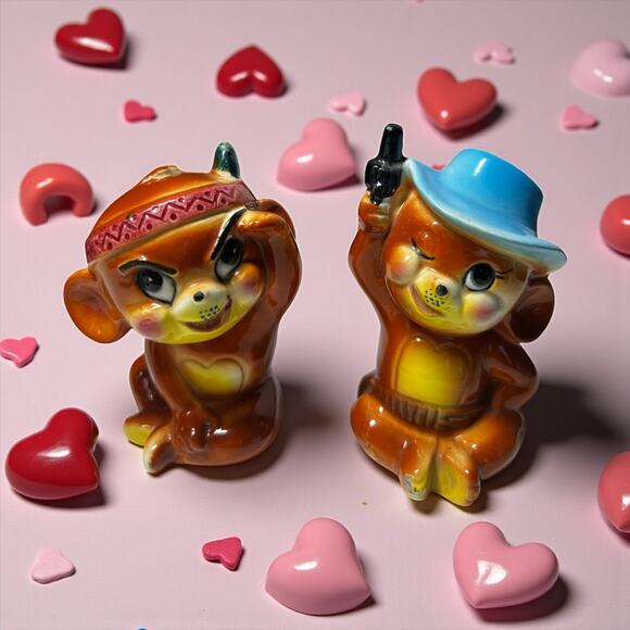 Vintage Tom & Jerry Cowboy Indian Salt Pepper Shakers Ceramic READ